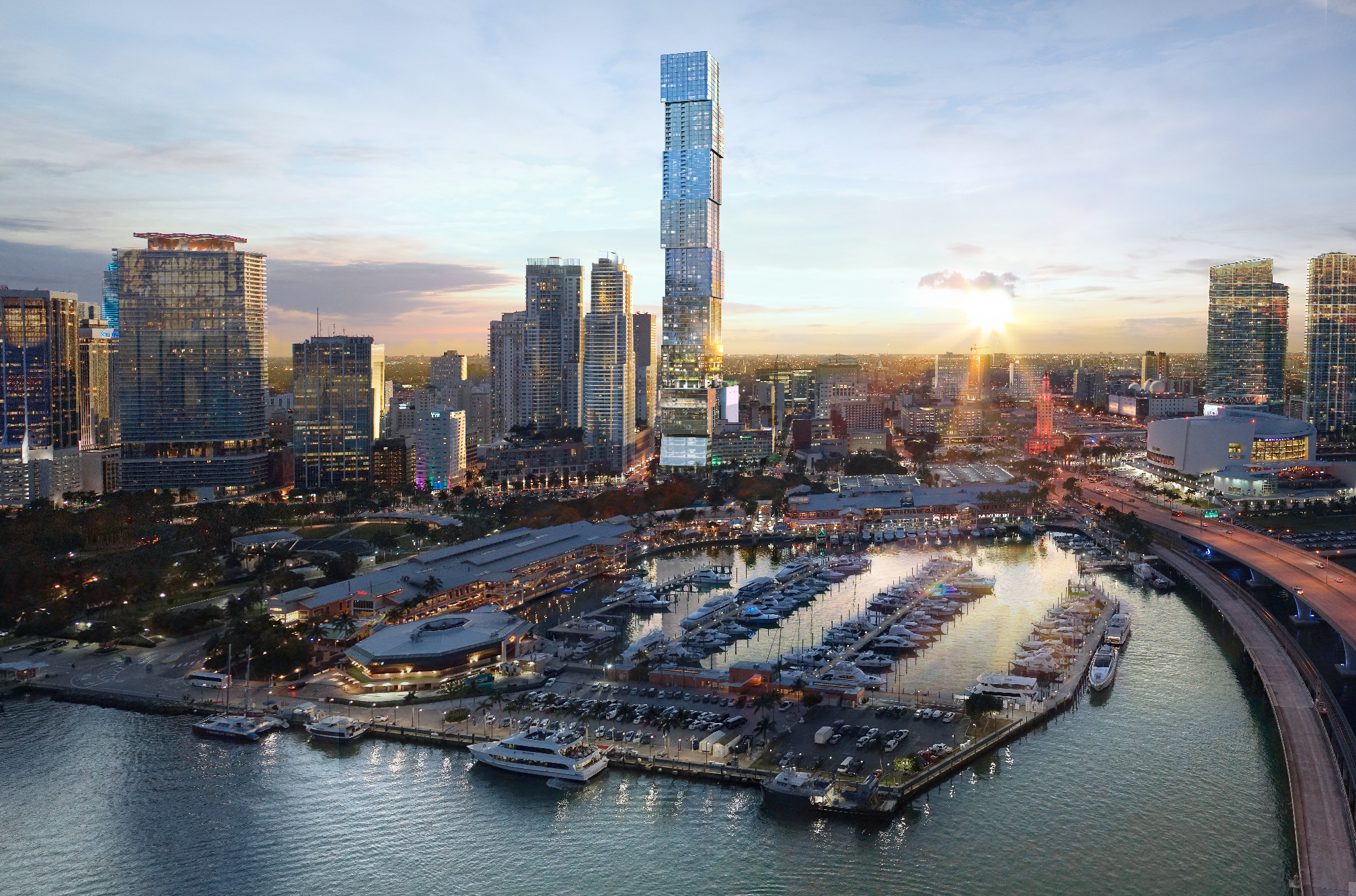 Waldorf Astoria Residences Miami Skyline Elevated view of Downtown Miami at sunset, showcasing the future skyline anchored by the iconic staggered cube design of the Waldorf Astoria Residences Miami.